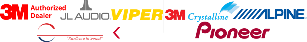 A collection of automotive electronics brand logos including 3M, JL Audio, Viper, Crystalline, Alpine, American Bass, Kenwood, and Pioneer